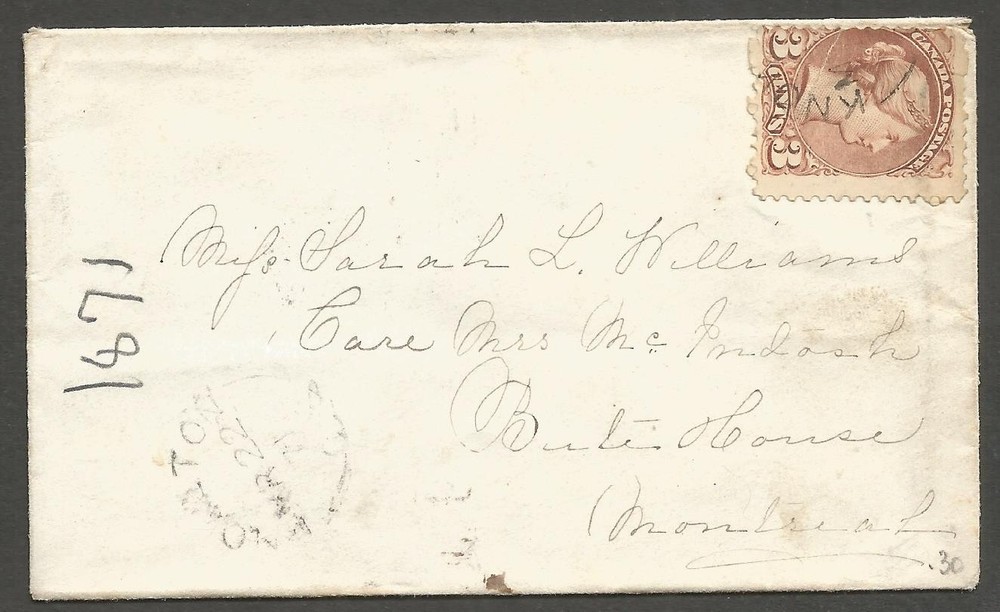 1871 Small Queen Tiny Cover 3c Split Ring Knowlton Quebec to Split Ring Montreal
