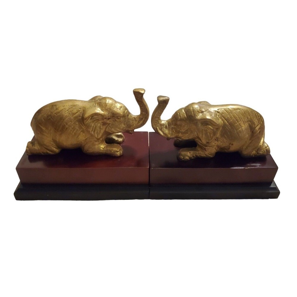 Elephant Bookends Brass on Wood Base 5.5" Tall