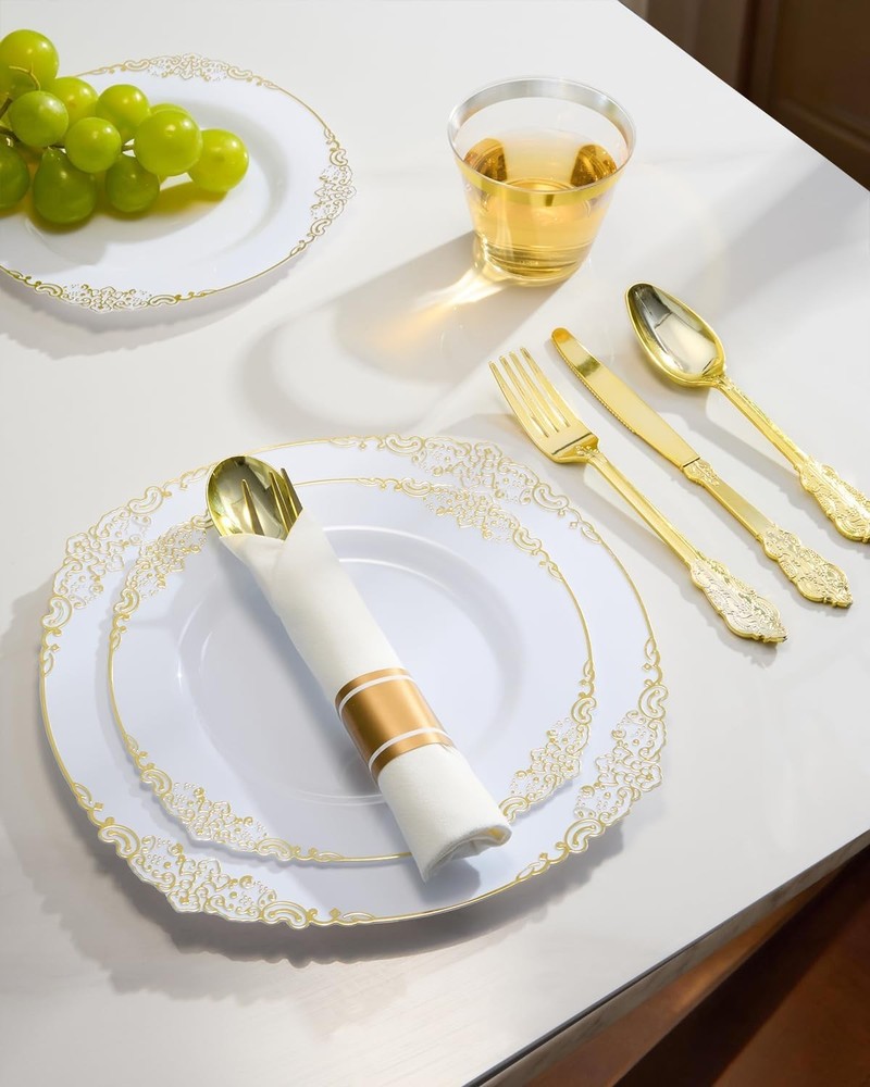 350 Pcs Gold Plastic Dinnerware Set 50 Guests Fancy Disposable Plates