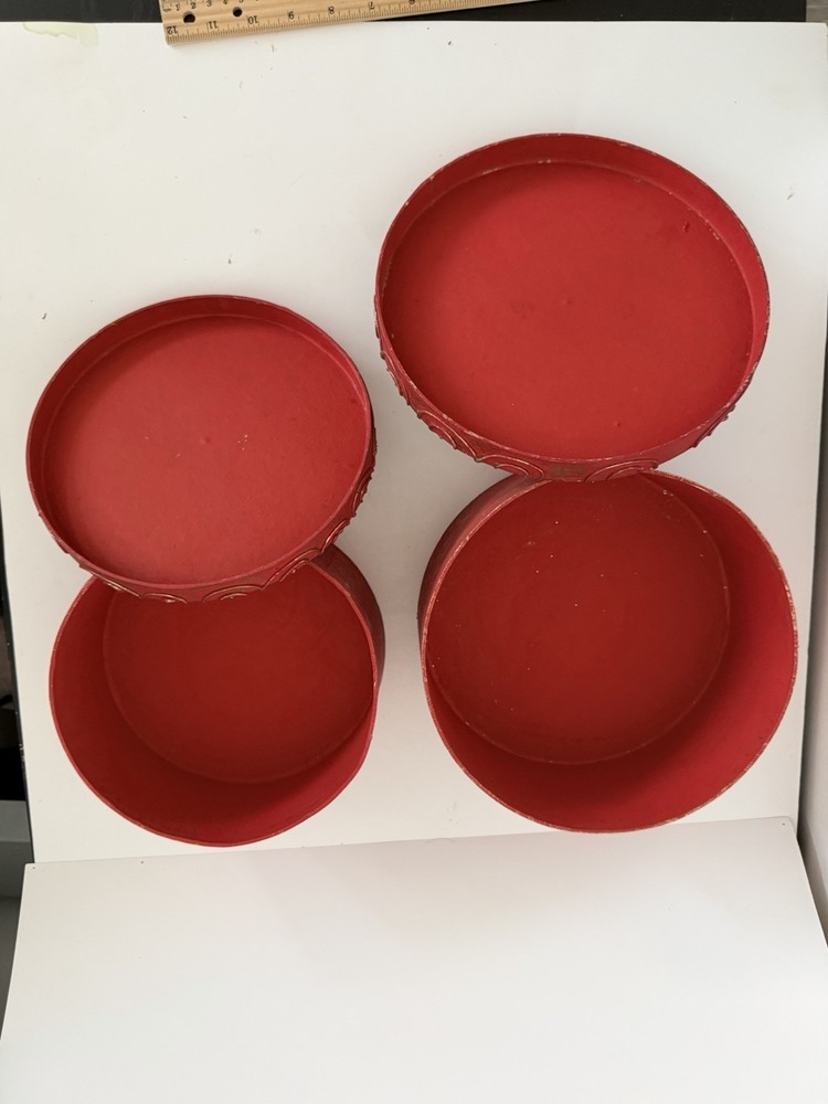 Red Decorative Round Storage Boxes Set 2 Embossed Floral Lid