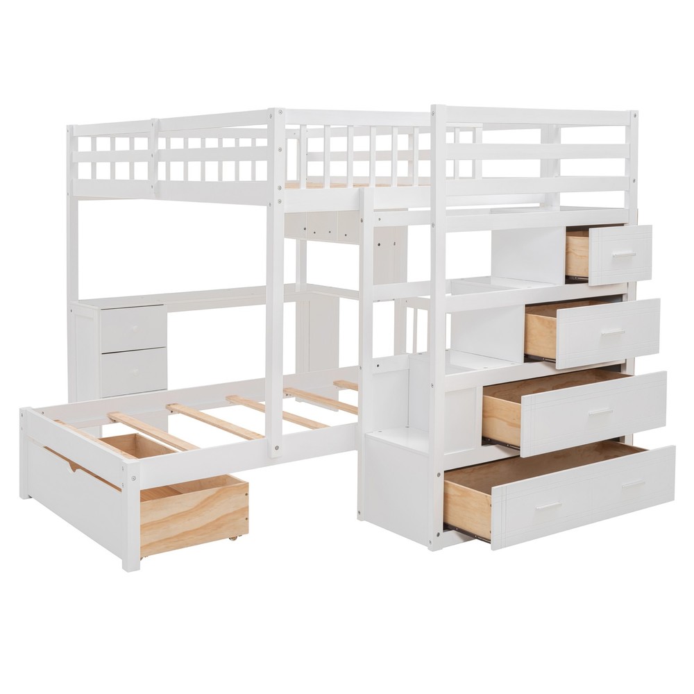 Twin Bunk Bed with Desk, Drawers & Bookcase, White Solid Wood Storage