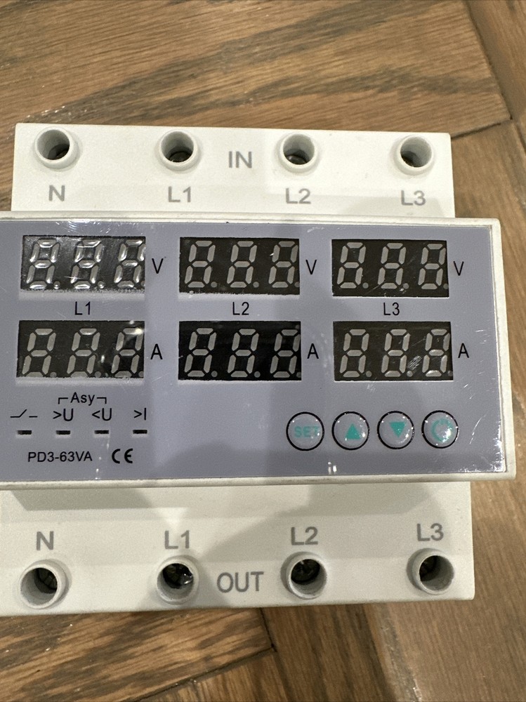 63A 3Phase DIN Rail Voltmeter Ammeter Auto Overvoltage Overcurrent Protector AC