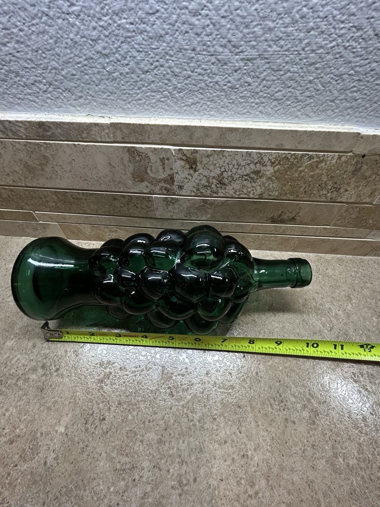 Vintage Green Glass Grape Design Decanter Bottle 10"