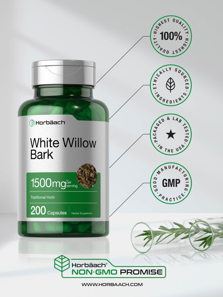 White Willow Bark Capsules | 1500mg | 200 Count | Non-GMO | by Horbaach