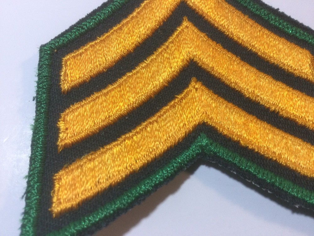 (2) Sergeant Chevron - 3 GOLD Stripes On BLACK Patch (Forest Green Border) OLD