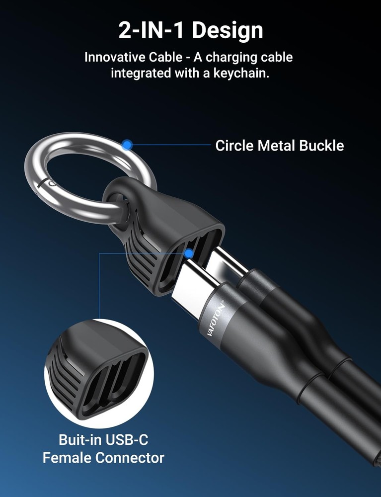 PD 60W Short USB C Cable (2 Pack), Keychain 6 Inch C 2 Pack, Black