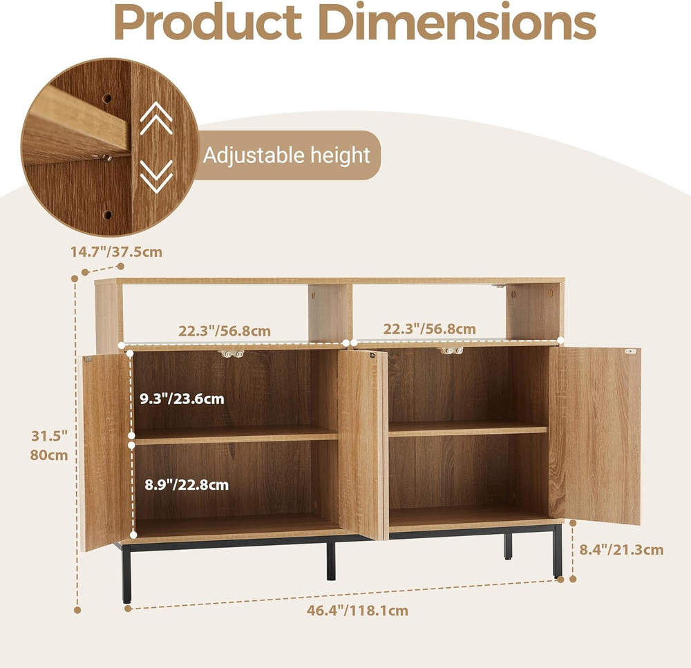 Modern 46.4" Fluted Sideboard Buffet Cabinet with Storage & Adjustable Shelves