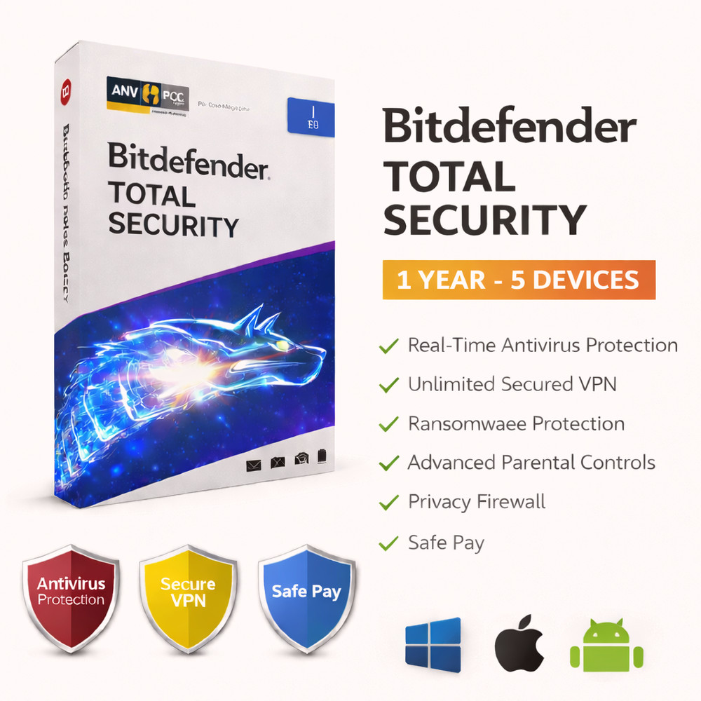 Bitdefender Total Security - 1 Year 5 Devices +  Daily VPN