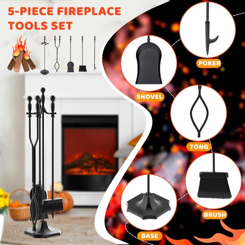 5 Pieces 31In Fireplace Tools Set, Wrought Iron Fireplace Tools Ergonomic Handle