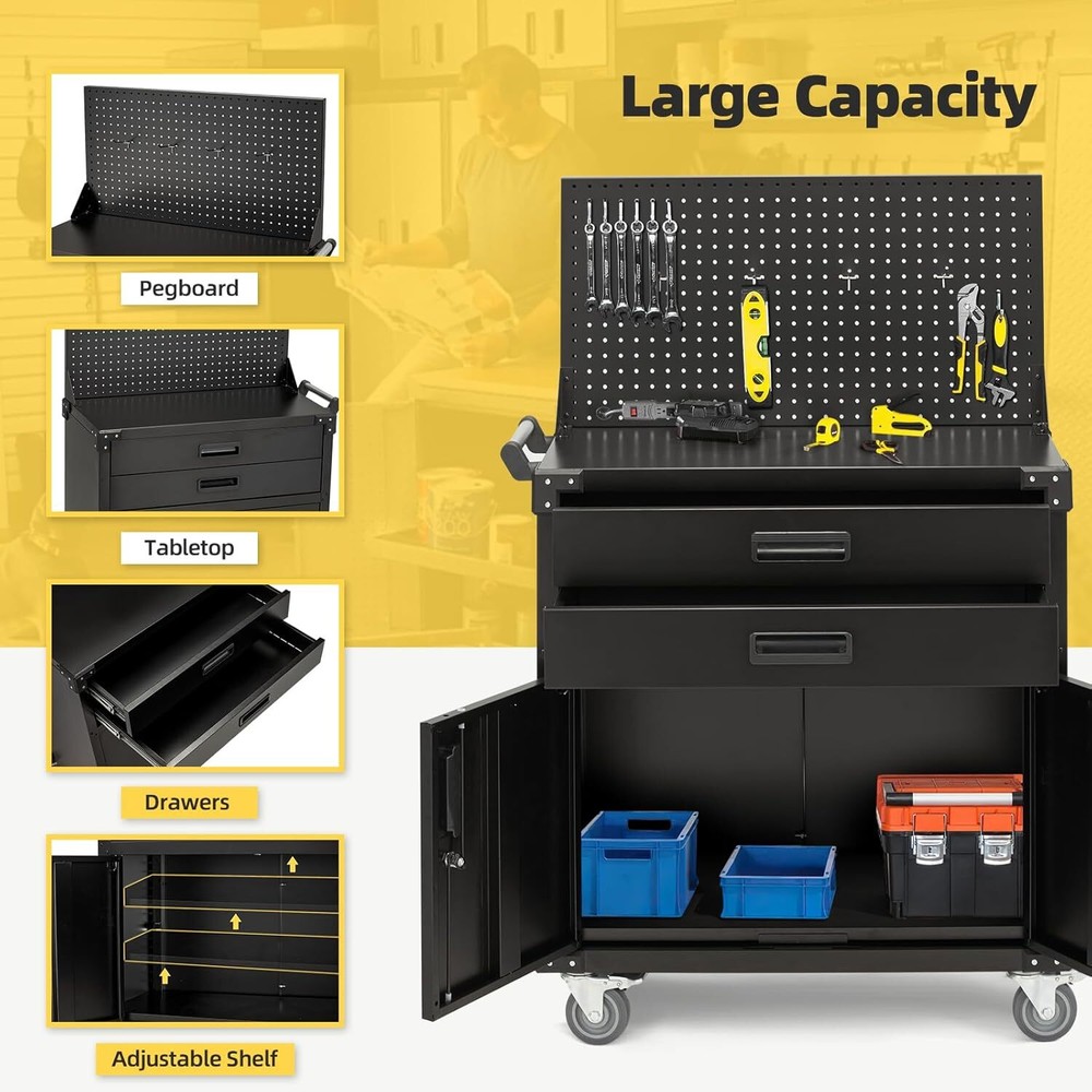 Work Bench with Pegboard Drawers and Cabinets Movable Storage Tool Cabinets