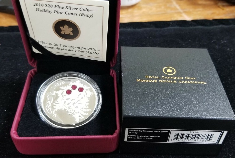 2010 Canada $20.00 Fine Silver Proof Holiday Pine Cones (Ruby) Display Box & COA
