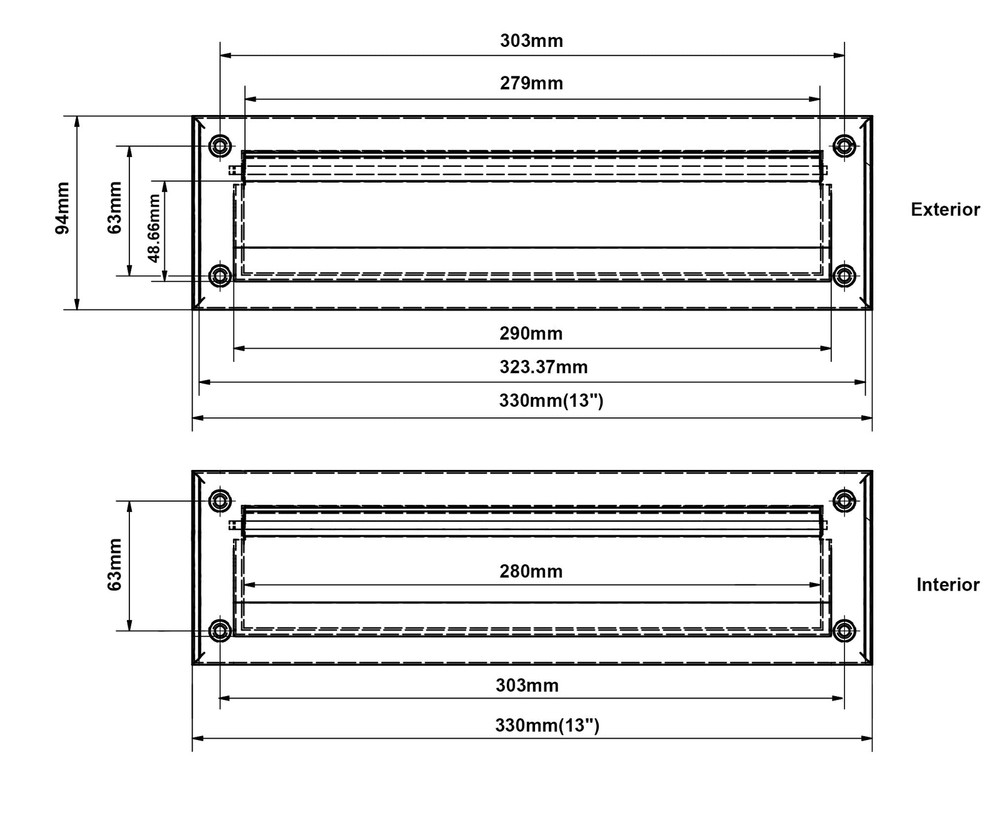 Solid Brass Mail Slot, with Solid Brass Interior Frame, 13" x 3.625", Matte Blac