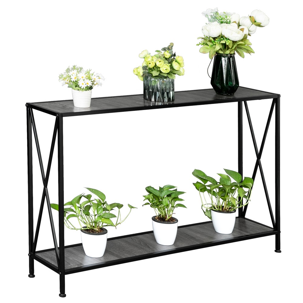 Grey MDF Countertop Black Wrought Iron Base 2 Layers Forked Console Table