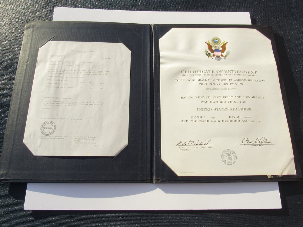 Original 1986 US Air Force Retirement Certificate Master Sergeant Gregory S