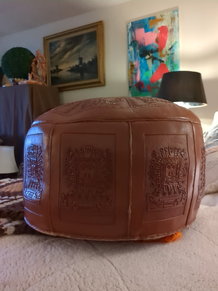 Carved Leather Peruvian Embossed Ottoman  Large 10x20"" Incan Peruvian Pattern