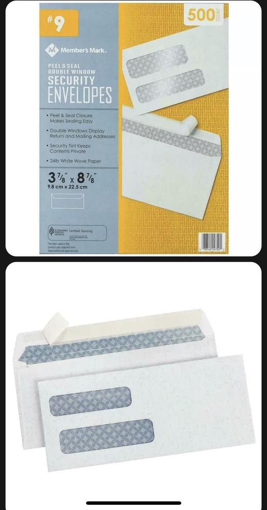 Member's Mark Security Envelope #9, Peel & Seal Double Window (500 ct)