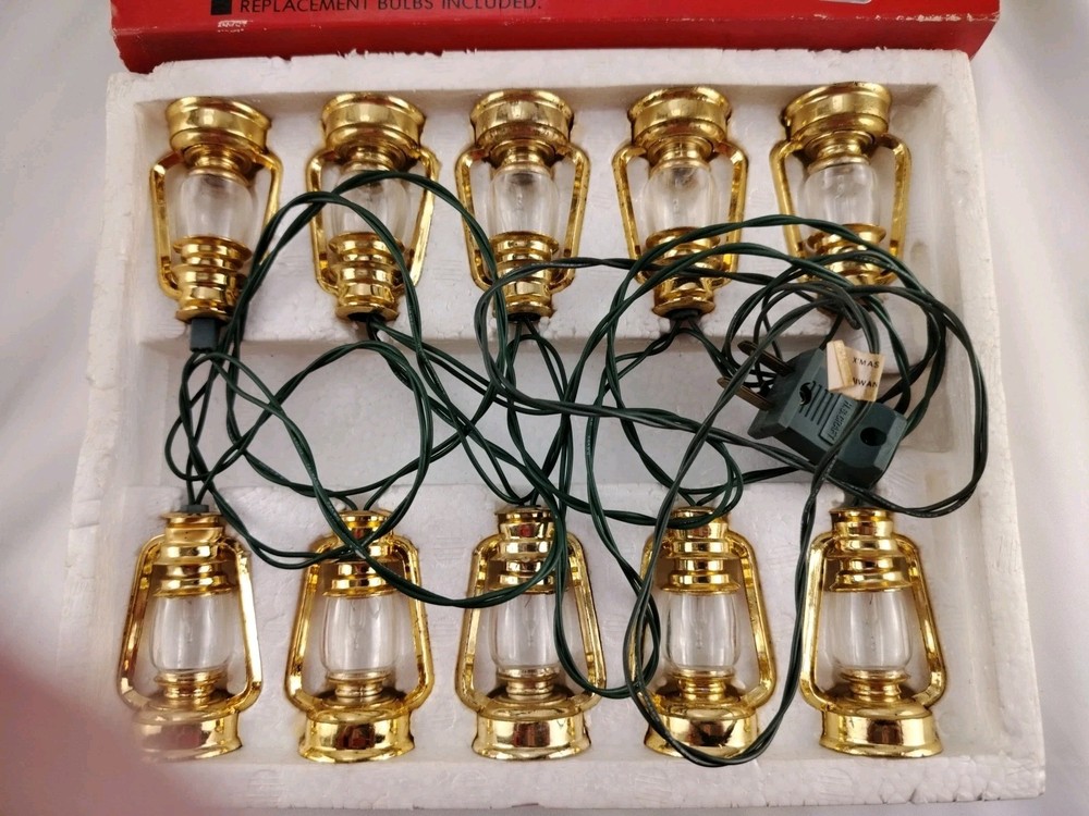 Vtg Gold Lanterns 10 Miniature Blinking Light Set w Box Read
