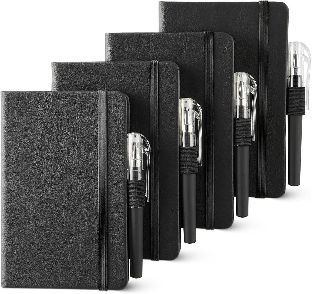 NETANY 4 Pack Small Notebook Pocket Notebook, A6 Mini Leather Hardcover Black