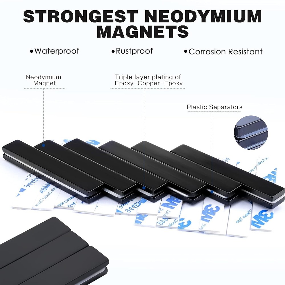 Neodymium Bar Magnets, 6 Pack, Rust-Resistant with Double-Sided Adhesive