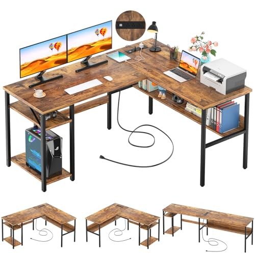 L Shaped Computer with Magic Power Outlets and USB Charging Desk Rustic Brown