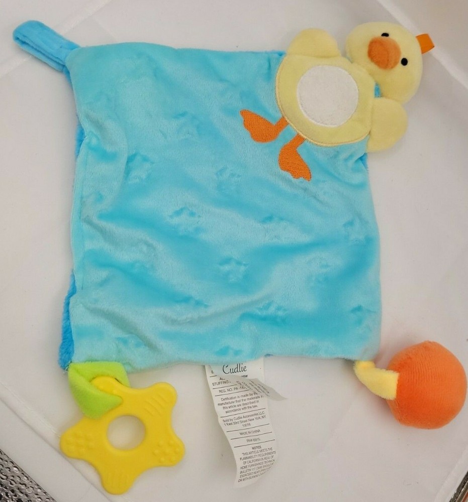 Cudlie Duck Lovey Security Blanket Pacifier Holder Teether Activity Blue Yellow