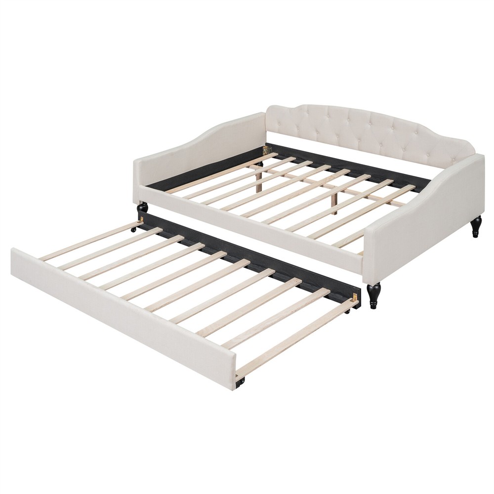Full Size Daybed with Pull-Out Trundle Bed Upholstered Bed Frame Sofa Bed Beige