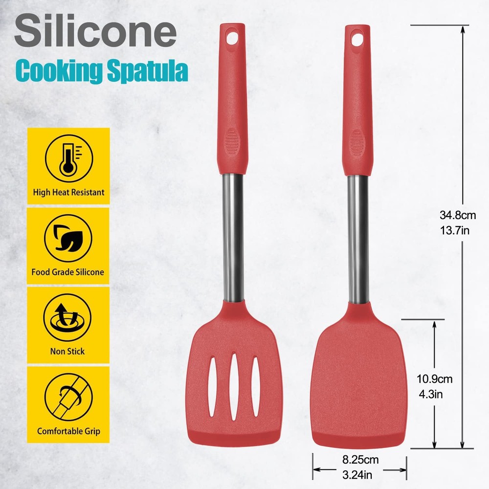 2 Pack Spatulas, Solid & Slotted Silicone Spatula Set, Stainless Steel Handle...
