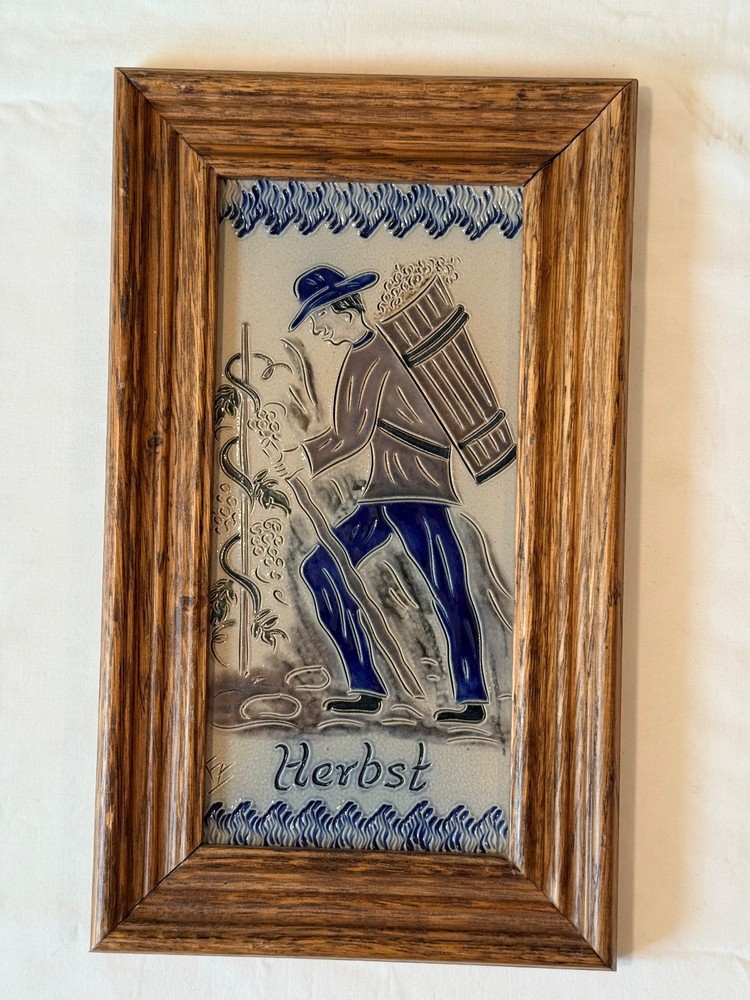 GERMANY 4 SEASONS FRAMED CERAMIC TILE 4PC SIGNED HAND CRAFTED ETCHED WALL ART