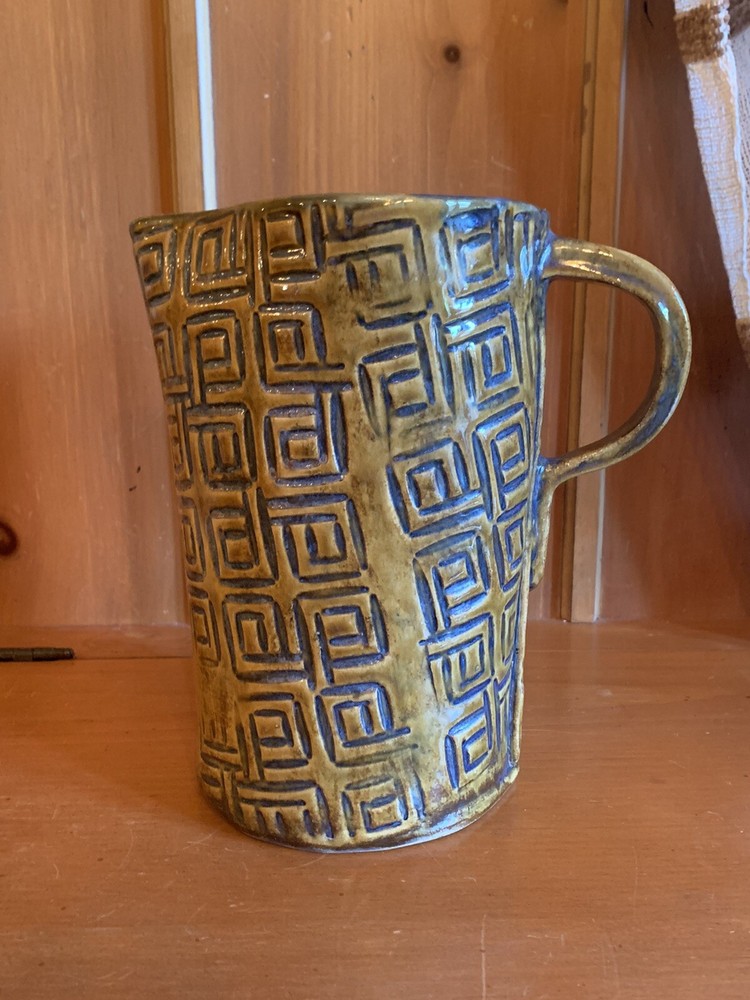 Handmade Art Pottery Pitcher Blue & Green Abstract Geometric Design With Handle