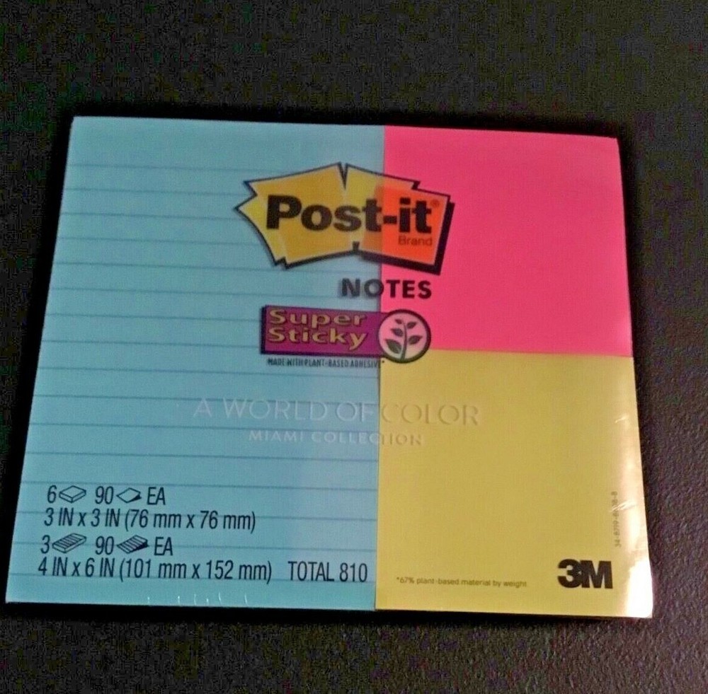 Post-it; Super Sticky Notes, Assorted Sizes, Miami Collection - 3" x 3", 4" x 6"