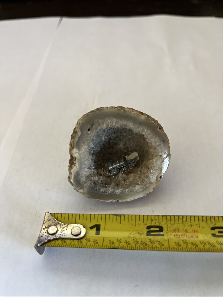 Vintage Cut Agate Geode With Pewter Train In It Grey Crystal