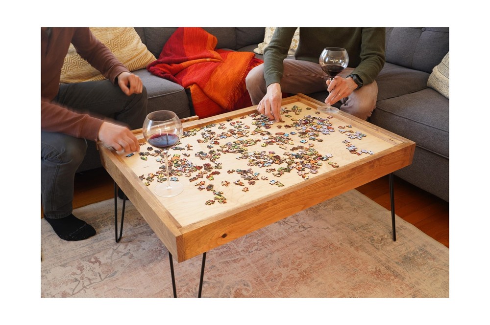 Rustic Puzzle Coffee Table with Removable Glass top - Includes 2 Hidden Drawe...