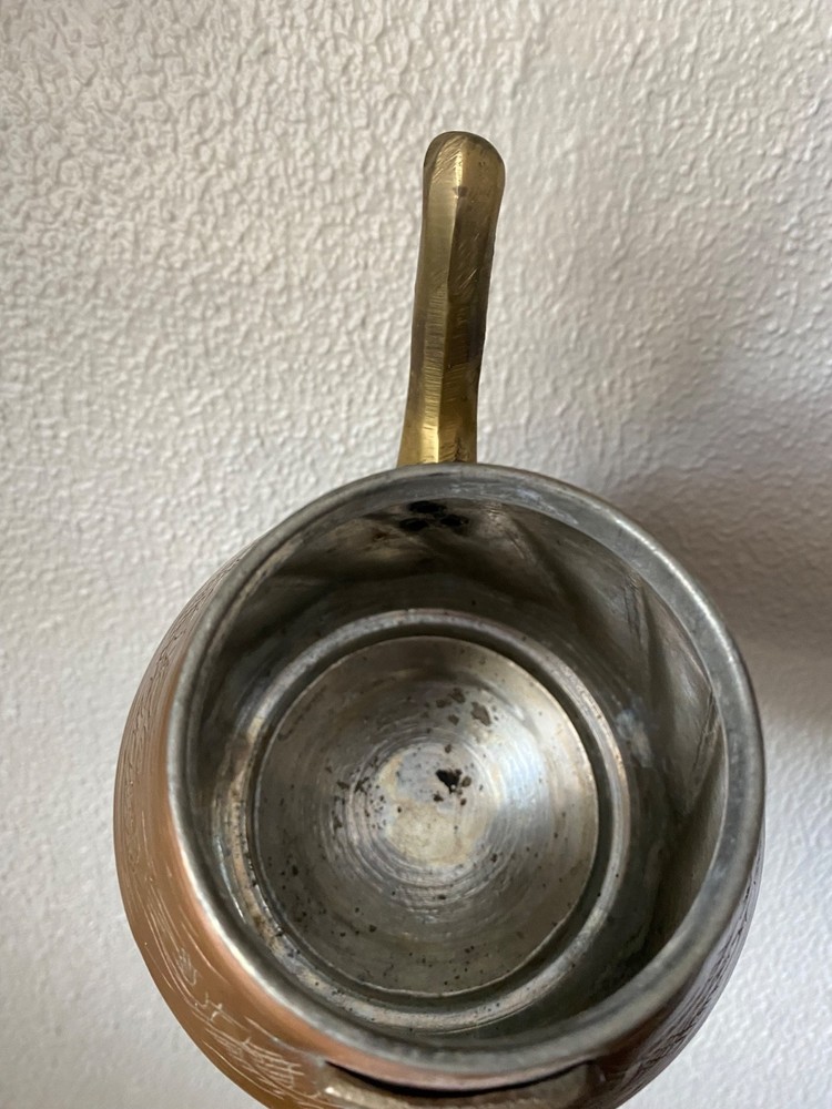 Vintage Etched Copper Tea Pot Kettle With Brass Handle