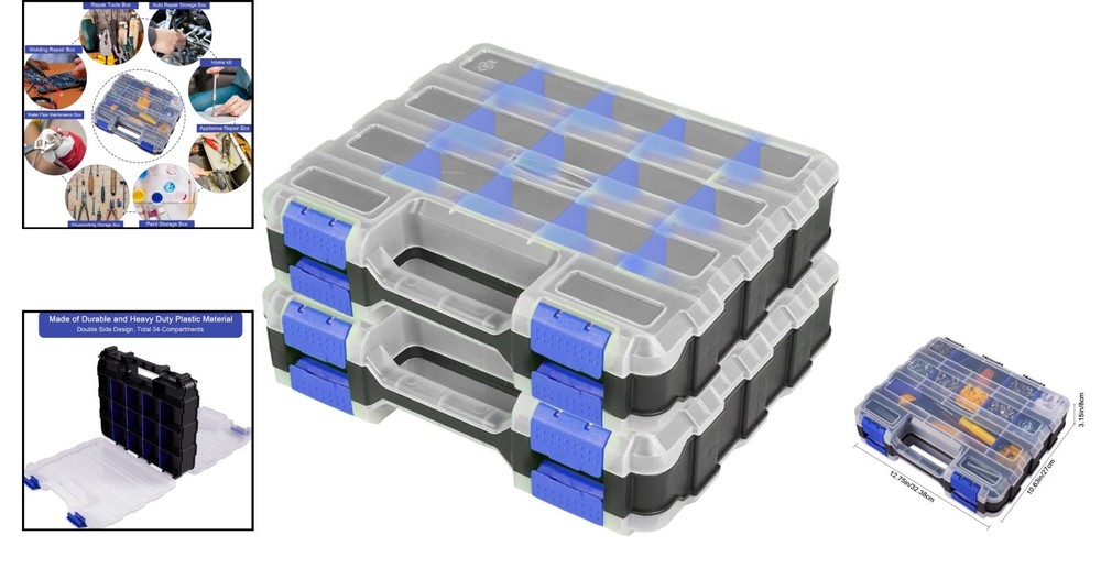 34-Compartment Parts Organizer Storage Box, Double-Sided, 2 Pack - Durable & ...