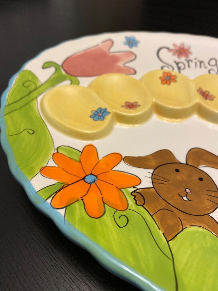 Colorful CRACKER BARREL Ceramic Egg Plate Bunny Flowers 'SPRING HAS SPRUNG' 13"