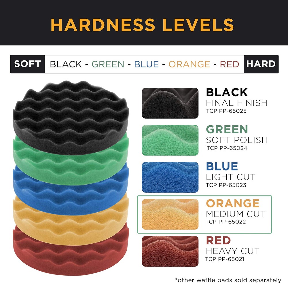 6.5" Orange Waffle Foam Buffing Pad Hook and Loop Backing - Medium Cut Pad fo...