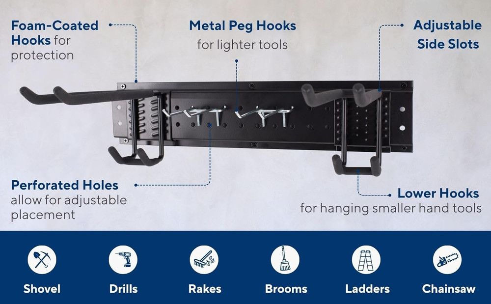 Sturdy Wall-Mount Garden Tool Organizer Rack with Multi-Hook Storage System