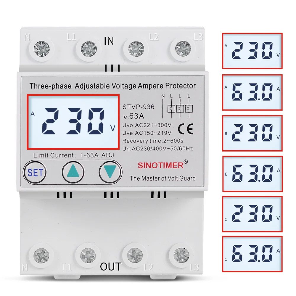 3Phase Voltage Protector Relay 380V 80A DIN Rail LCD Display Surge Limit Current