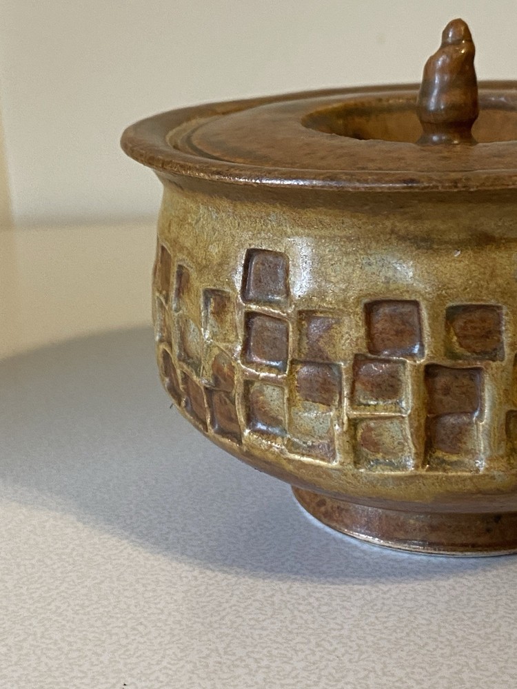 Unique Art Pottery Stoneware Lidded Jar Brown Beige Neutral Rust Square Pattern
