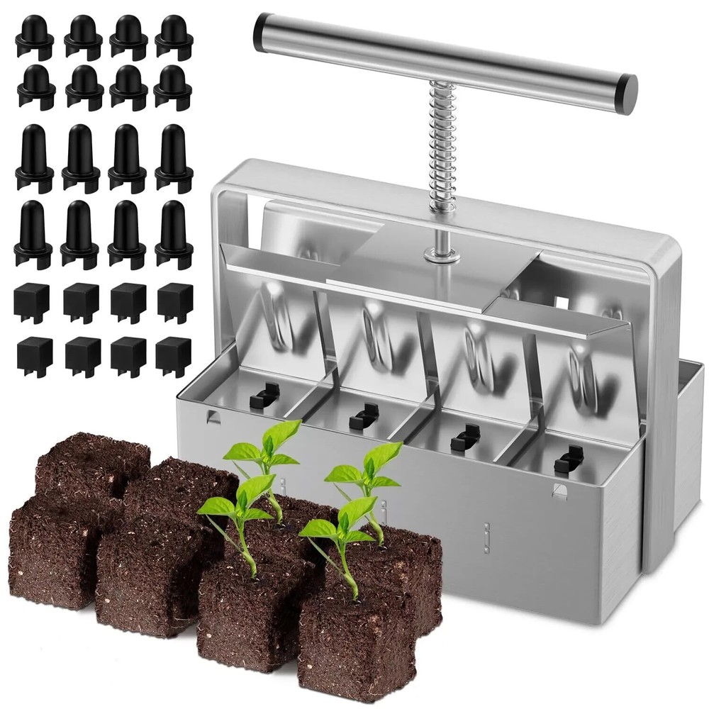 Soil Blocker 2"x8 Cell Soil Block Maker w/Handle & 3 Size Seed Pin Blocking Tool