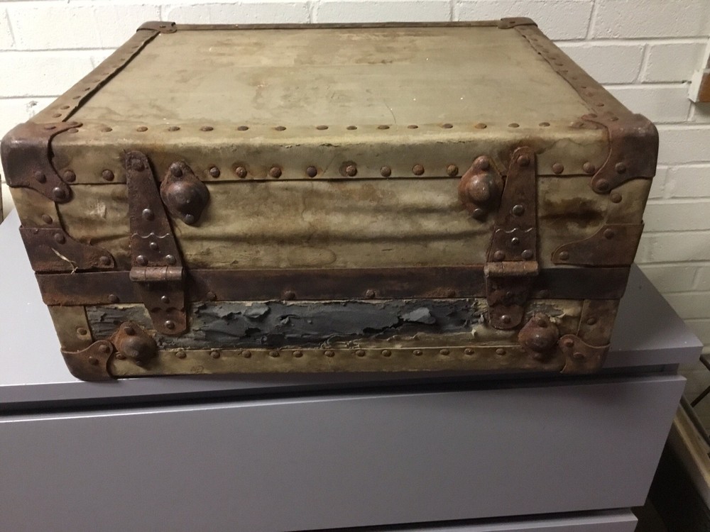 VTG NEVERBREAK TRUNK L. GOLDSMITH & SON PRIMITIVE STEAMPUNK SUITCASE TRUNK CASE