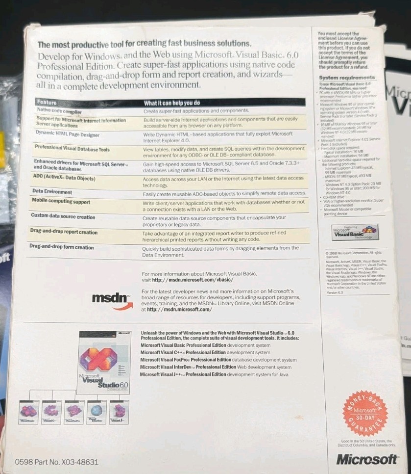 Microsoft Visual Basic 6.0 Professional Incomplete Box Manuals & Windows NT Disc