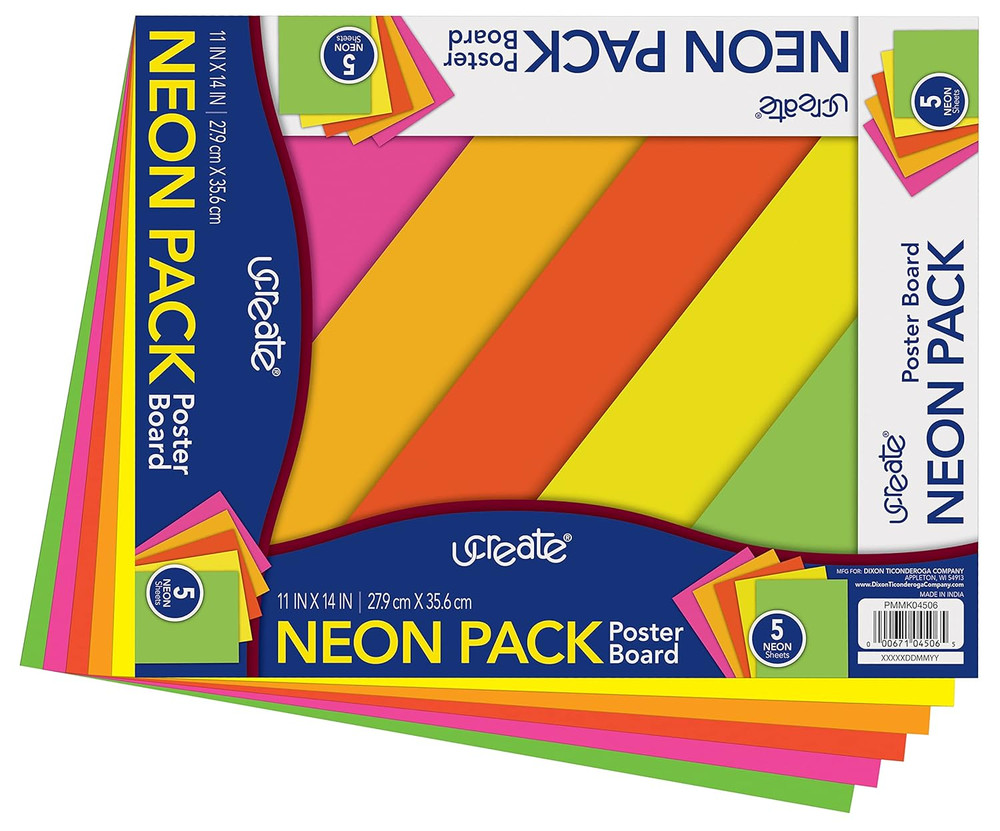 Neon Poster Board, 5 Assorted Colors, Neon, 11" X 14", 5 Sheets
