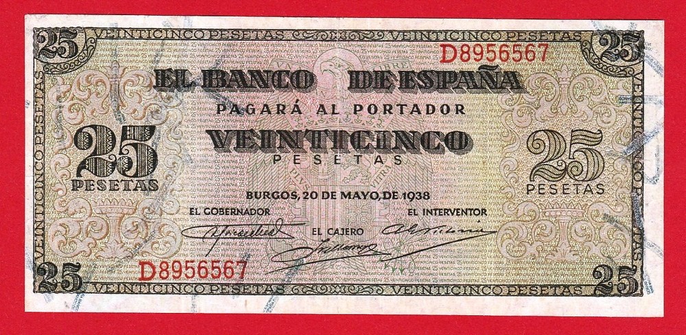 SPAIN 25 PESETAS 1938  BURGOS  VF+