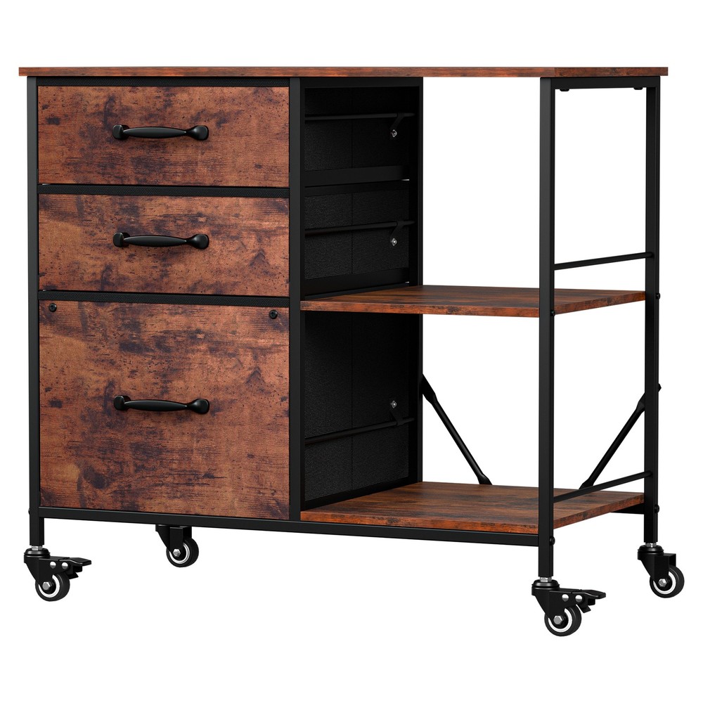 Mobile File Cabinet w/ 3 Drawers & Open Shelf Rolling Printer Stand Rustic Brown