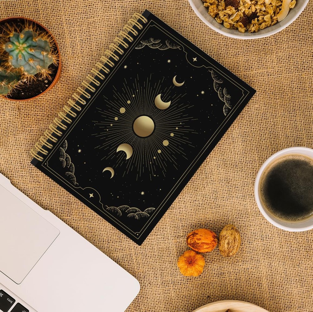 Witchy Gothic Spiral Notebook, Astrology Journal, Celestial Sun and Moon Phas...
