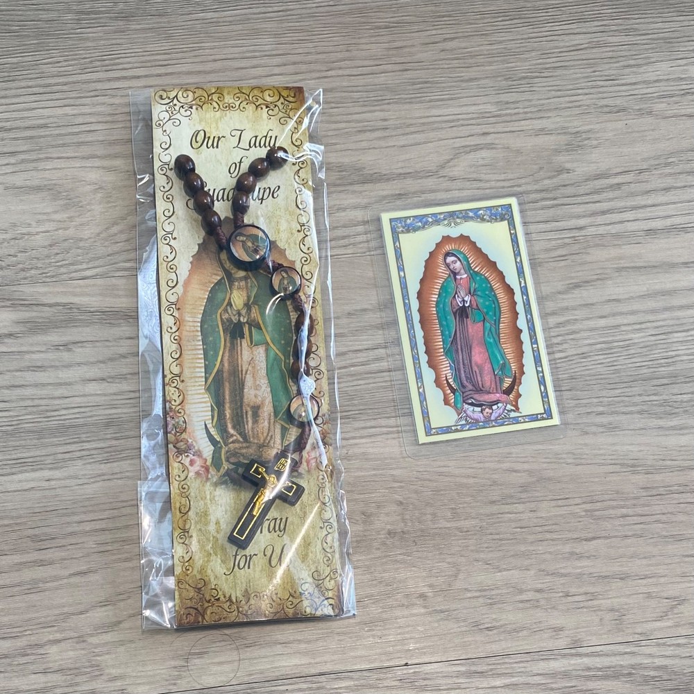 Our Lady of Guadalupe Devotional Cord Rosary Wood + Laminated Prayer Card Cross