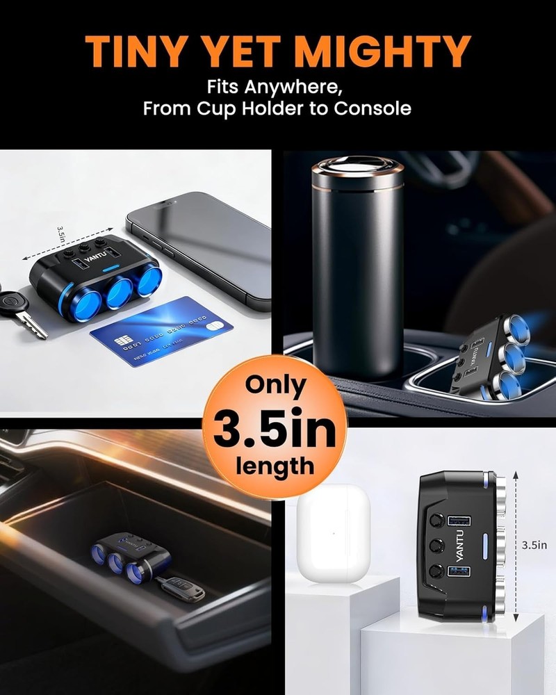 Car Cigarette Lighter Adapter with 150W Output & 3-Sockets for Multiple Devices