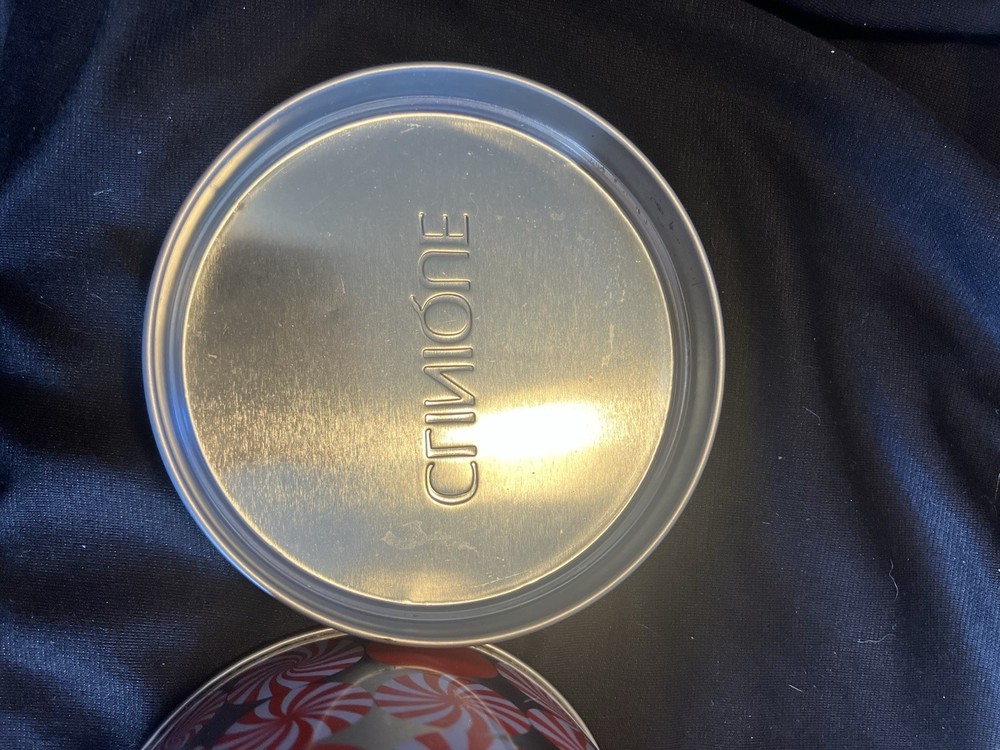 CLINIQUE Empty Tin Can Container w/ Red + White Peppermint Candy Design Storage