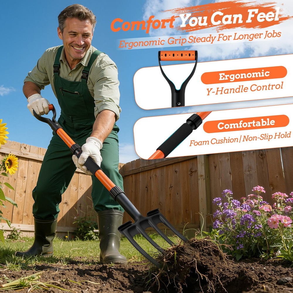 Garden Fork for Digging, 4-Tine Pitch Fork with Foot Step, Ergonomic Y-Handle...